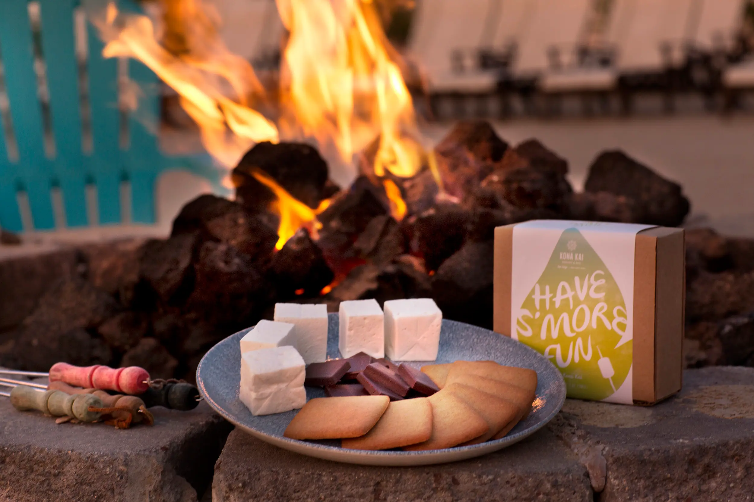 Beach S'mores kit in front of a fire pit